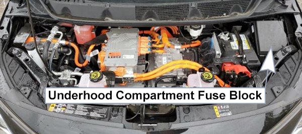 Chevrolet Bolt EV (2022-2023): Under-hood compartment fuse box location