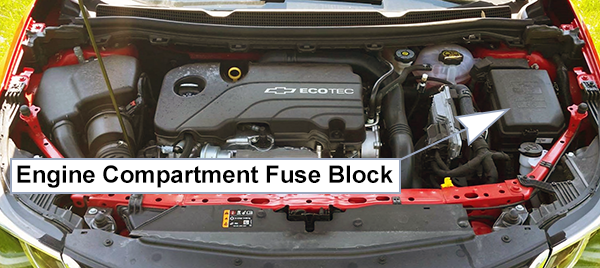 Chevrolet Cruze (J400; 2016-2019): Engine compartment fuse box location