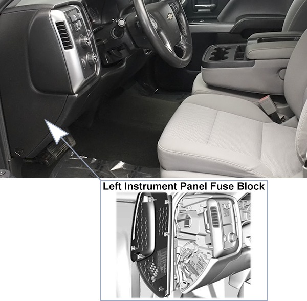 Chevrolet Silverado (GMT K2XX; 2014-2018): Left instrument panel fuse box location