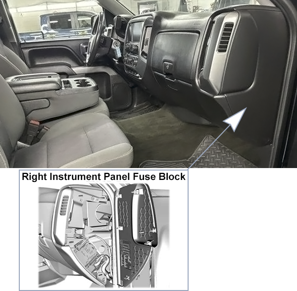 Chevrolet Silverado (GMT K2XX; 2014-2018): Right instrument panel fuse box location