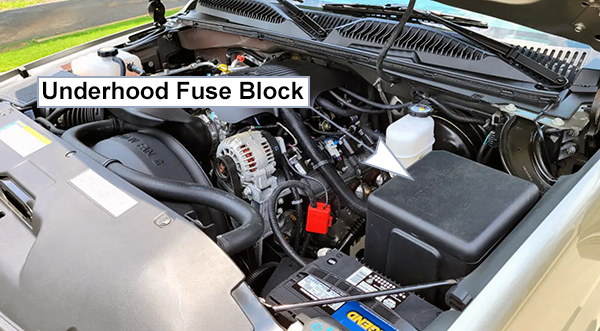 Chevrolet Silverado (GMT800; 1999-2002): Engine compartment fuse box location