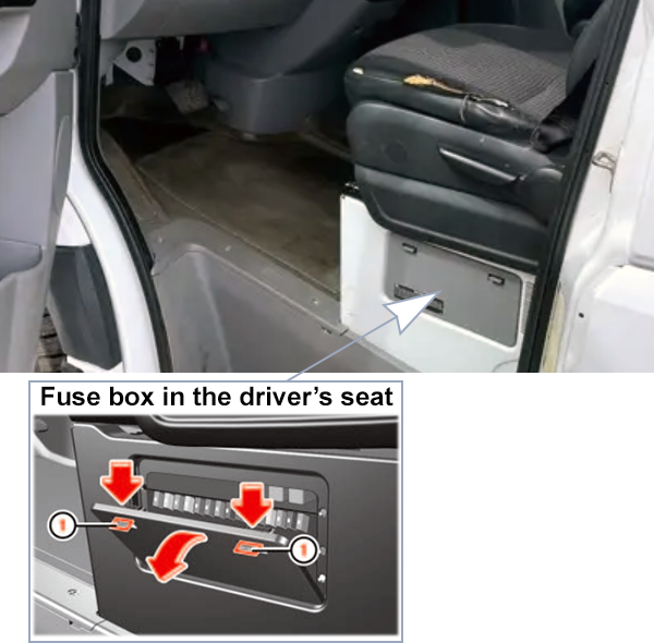 Dodge Sprinter (2007-2010): Location of the fuse box in the driver’s seat