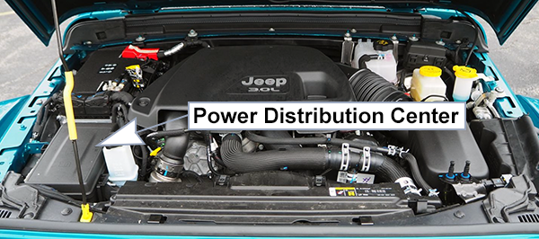 Jeep Wrangler (JL; 2018-2024): Engine compartment fuse box location (Diesel)