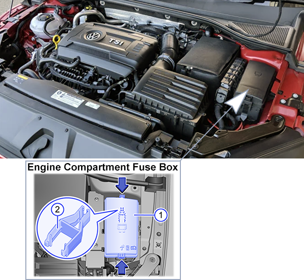 Volkswagen Arteon (2017-2019): Engine compartment fuse box location