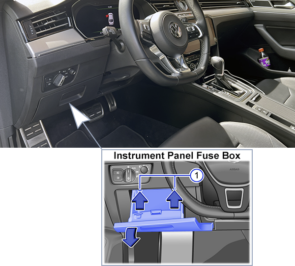 Volkswagen Arteon (2017-2019): Instrument panel fuse box location (LHD)