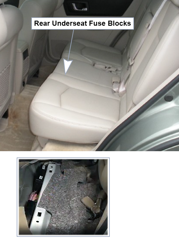 Cadillac SRX (2004-2009): Rear Underseat Fuse Block location