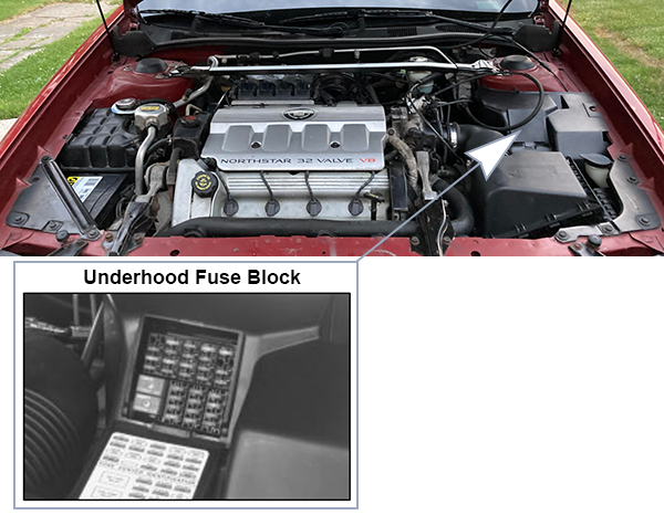 Cadillac DeVille (1997-1999): Engine compartment fuse box location