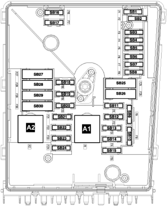 Volkswagen Caddy (2011-2015): Engine compartment fuse box diagram