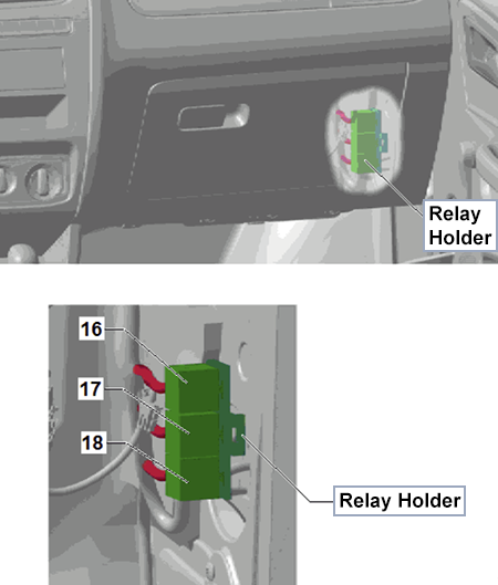 Volkswagen Fox (2013-2015): Relays to the right, behind the glove compartment