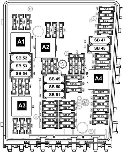 Volkswagen Golf V (2004-2009): Engine compartment fuse box diagram (ver.2)