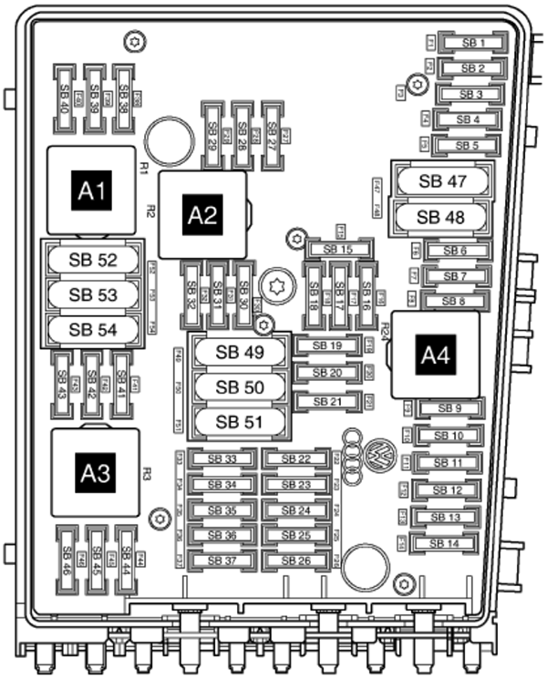 Volkswagen Golf VI (2009-2013): Engine compartment fuse box diagram (ver.2)