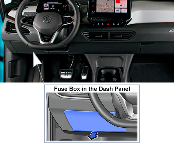 Volkswagen ID.3 (2020-2022): Instrument panel fuse box location (LHD)