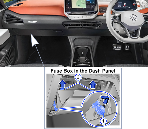 Volkswagen ID.3 (2020-2022): Instrument panel fuse box location (RHD)