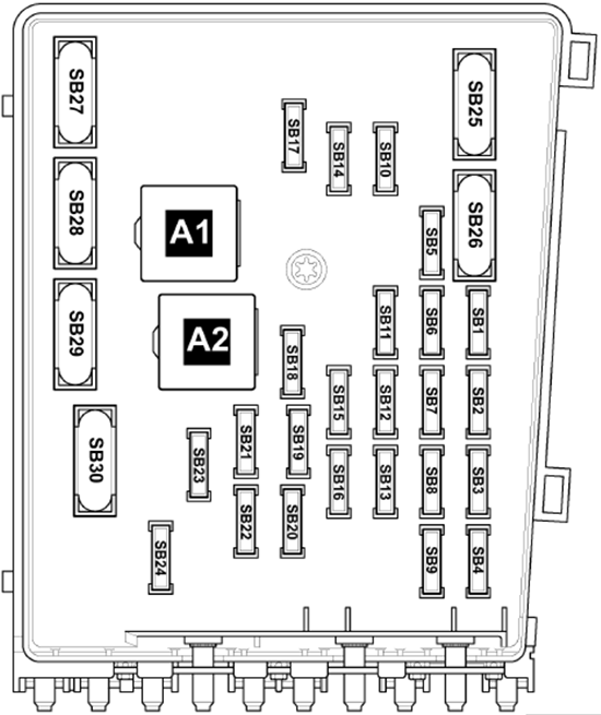 Volkswagen Passat (B6; 2006-2010): Engine compartment fuse box diagram (Low)