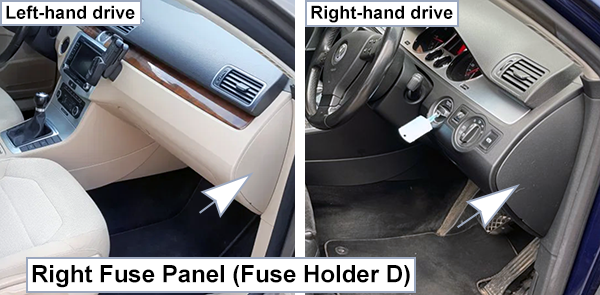 Volkswagen Passat (B6; 2006-2010): Right Fuse Panel Location (Fuse Holder D)