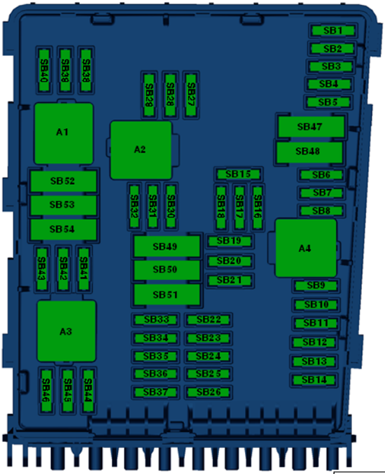 Volkswagen Passat (B7; 2010-2011): Engine compartment fuse box diagram (Ver.2)