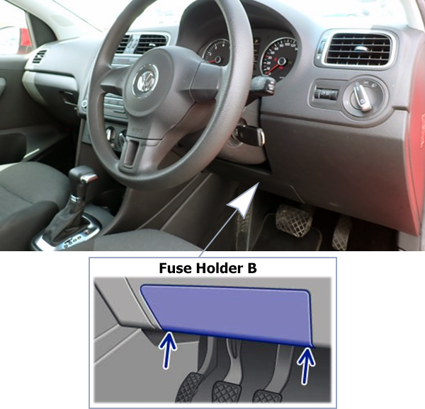 Volkswagen Polo (Mk5; 2010-2014): Passenger compartment fuse panel location (RHD)