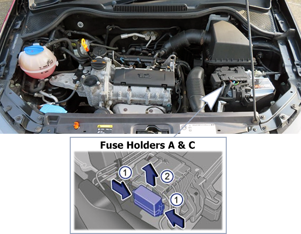 Volkswagen Polo (Mk5; 2010-2014): Engine compartment fuse box location