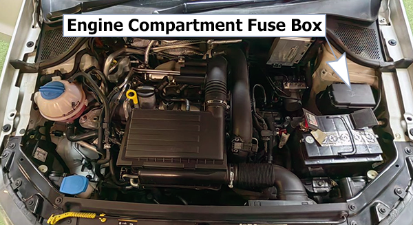 Volkswagen Polo (Mk5; 2014-2017): Engine compartment fuse box location