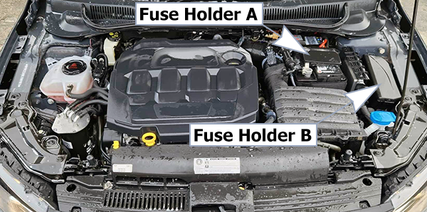 Volkswagen Polo (Mk6; 2018-2021): Engine compartment fuse box location