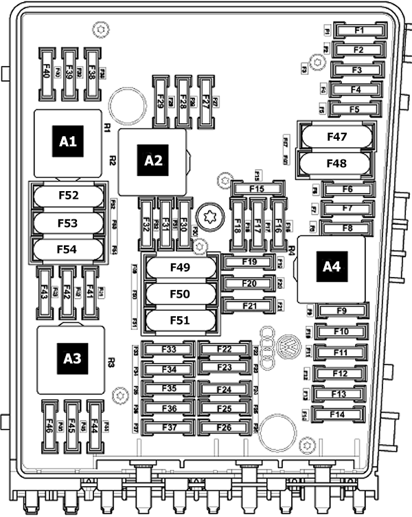 Volkswagen Scirocco (2009-2014): Engine compartment fuse box diagram (ver.2)