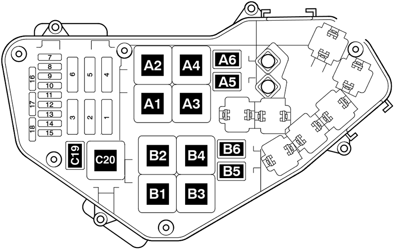 Volkswagen Touareg (2003-2006): Engine compartment fuse box diagram (V10)