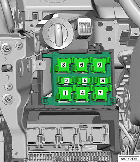 Volkswagen Touran (2010-2015): Relay carrier on top of onboard supply control unit