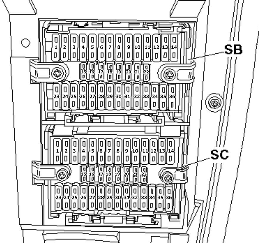 Volkswagen Transporter (T5; 2003-2004): Passenger compartment fuse panel diagram