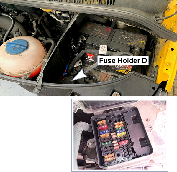 Volkswagen Transporter (T5; 2003-2009): Engine compartment fuse box location