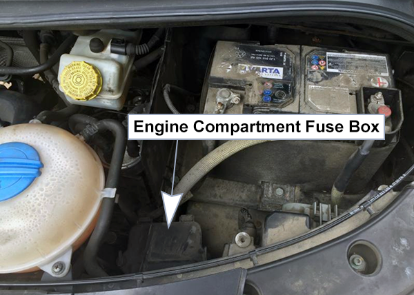 Volkswagen Transporter (T5.1; 2009-2015): Engine compartment fuse box location