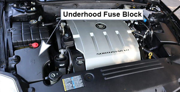 Cadillac DTS (2008-2011): Engine compartment fuse box location