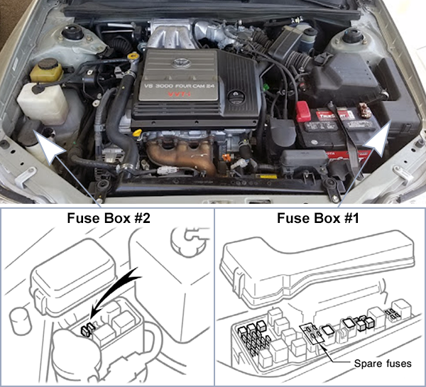 Toyota Avalon (XX20; 2000-2002): Engine compartment fuse box location