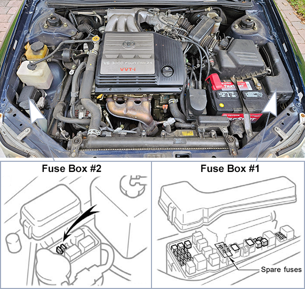 Toyota Avalon (XX20; 2003-2004): Engine compartment fuse box location