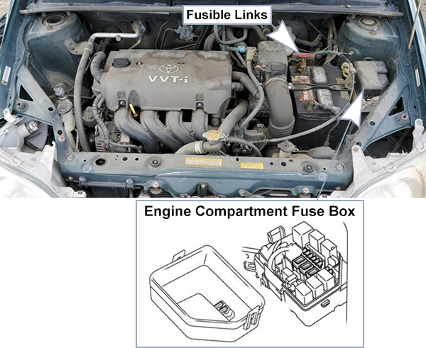 Toyota Echo (2000-2002): Engine compartment fuse box location