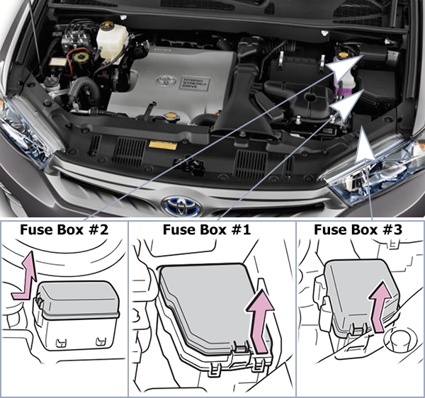 Toyota Highlander Hybrid (XU40; 2011-2013): Engine compartment fuse box location
