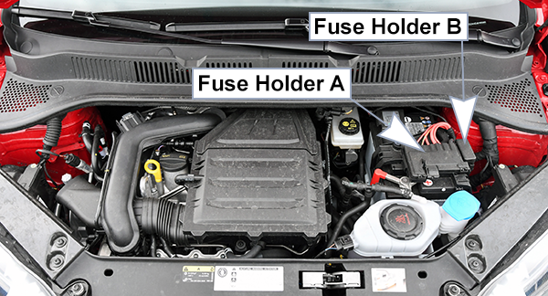 Volkswagen Up! (2011-2016): Engine compartment fuse box location