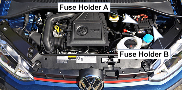 Volkswagen Up! (2016-2020): Engine compartment fuse box location