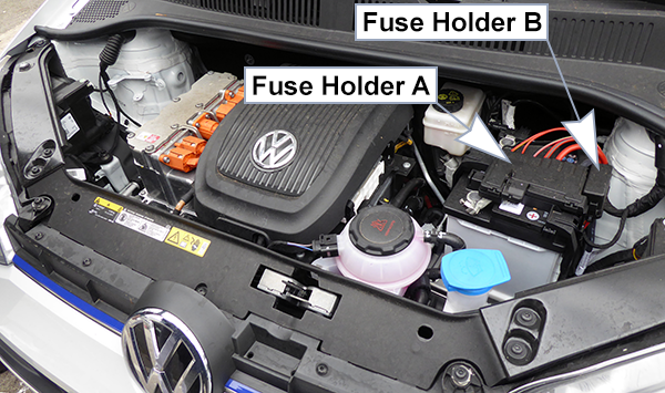 Volkswagen e-Up! (2013-2020): Under-hood compartment fuse box location