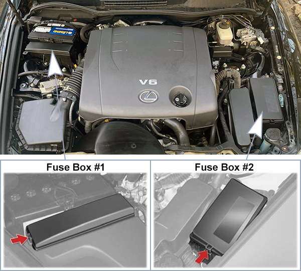 Lexus IS250 & IS350 (2011-2013): Engine compartment fuse box location