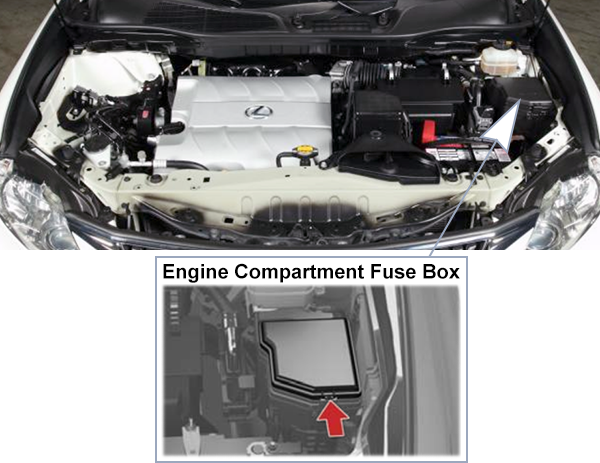 Lexus RX350 (AL10; 2010-2012): Engine compartment fuse box location