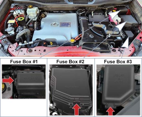 Lexus RX450H (AL10; 2010-2012): Engine compartment fuse box location