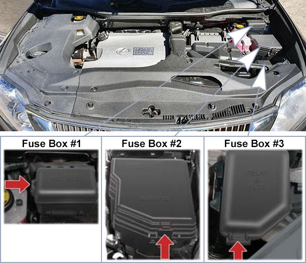 Lexus RX450H (AL10; 2013-2015): Engine compartment fuse box location