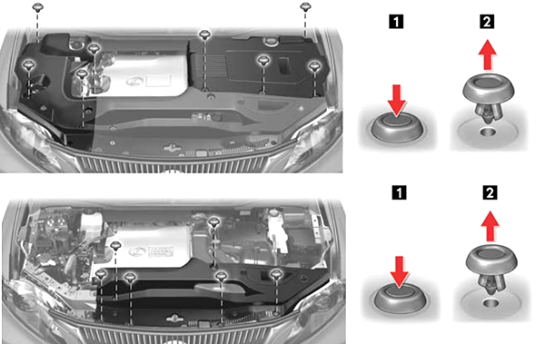 Lexus RX450H (AL10; 2013-2015): Removing the engine compartment covers