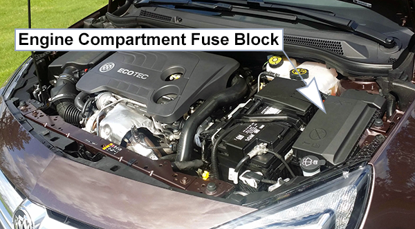 Buick Cascada (2016-2019): Engine compartment fuse box location
