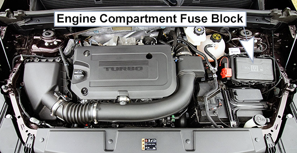 Buick Envision (2021-2023): Engine compartment fuse box location