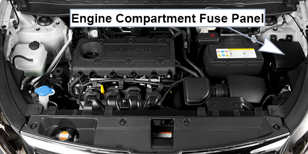 Kia Sportage (SL; 2011-2013): Engine compartment fuse box location