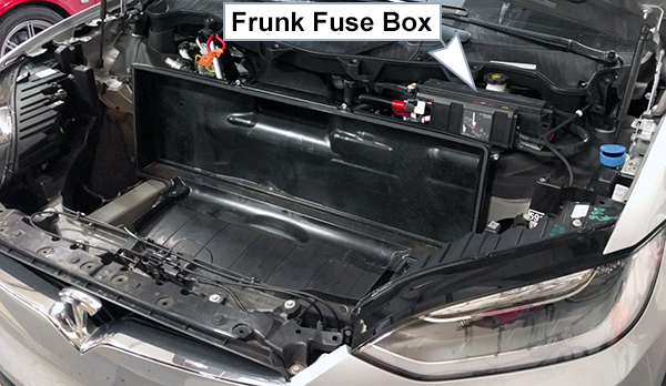 Tesla Model X (2016-2020): Frunk compartment fuse box location
