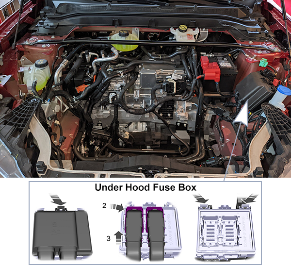 Ford Mustang Mach-E (2021-2024): Under-hood compartment fuse box location