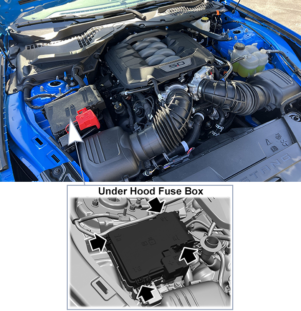 Ford Mustang (S650; 2024): Under-hood compartment fuse box location