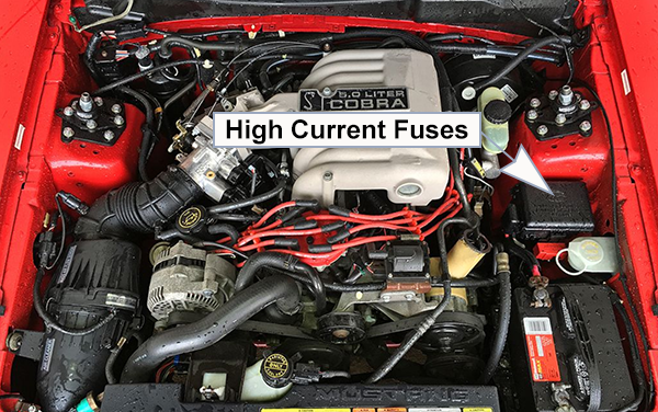 Ford Mustang (SN95; 1996-1997): Engine compartment fuse box location